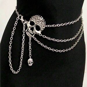 Rhinestone Punk Hip Hop Spiked Multi-Layer Skull Waist Chain Belt One Size